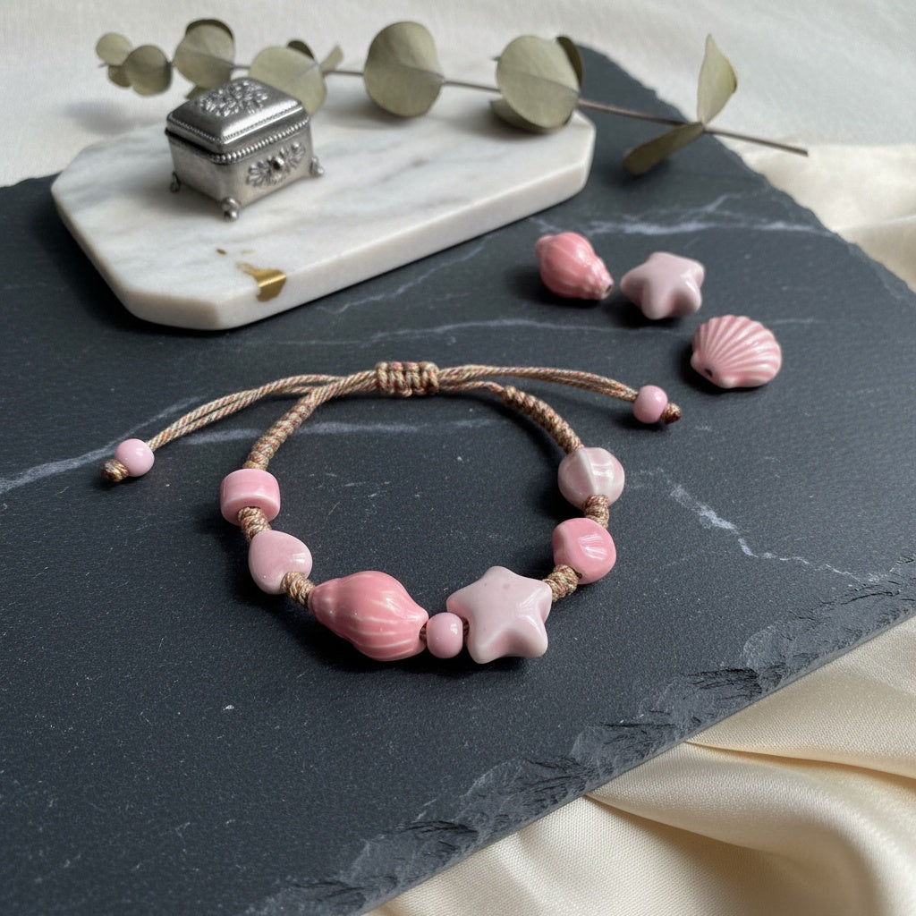 Pink Seashell Ceramic Charm Bracelet